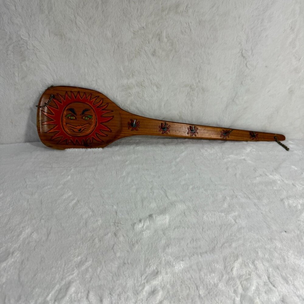 Spanish Traditional Hand-Painted Rustic Wood Spoon Artwork, 1970s wall decor